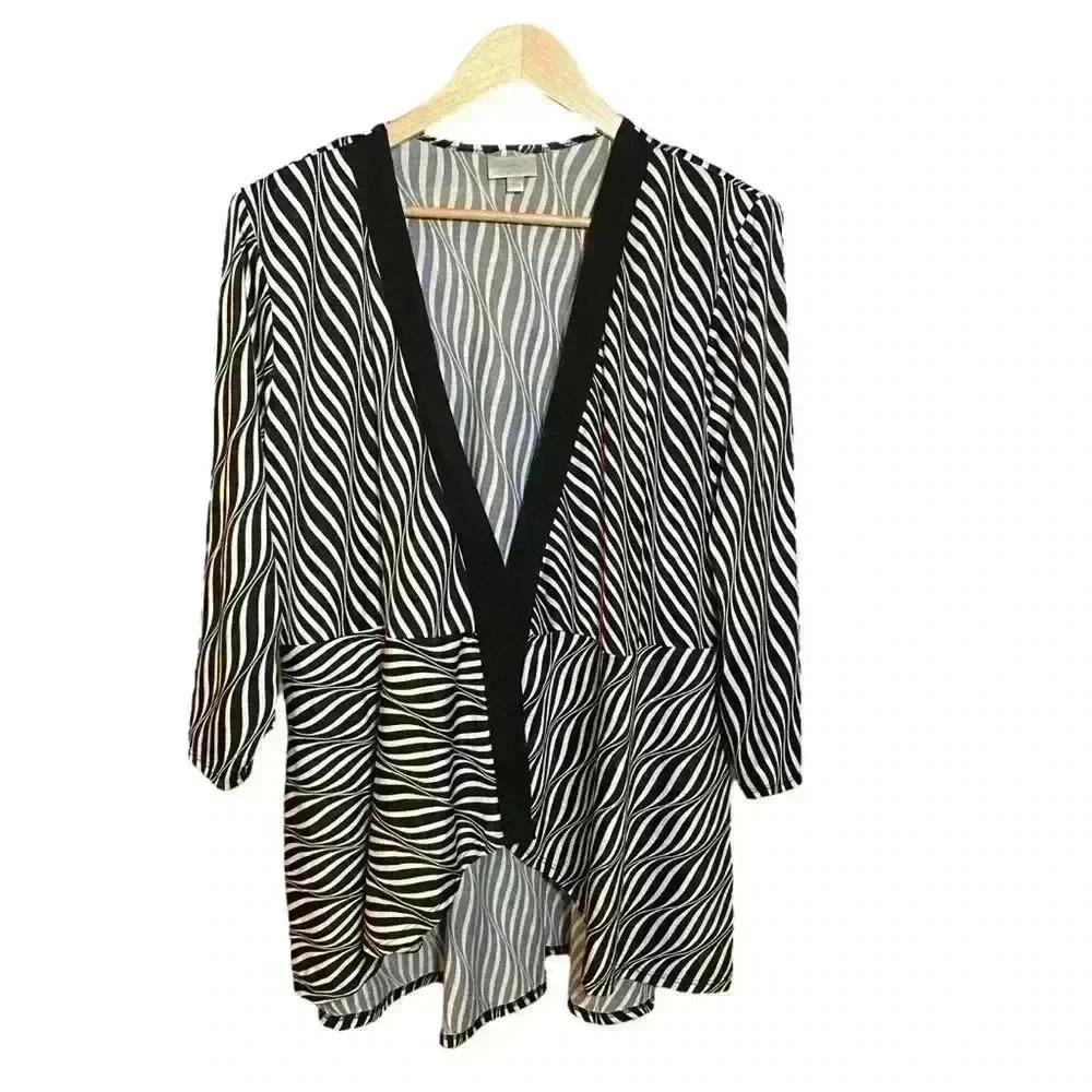 Avenue Women's Open Front Blouse Black White Striped Long Sleeve Cover Up 22/24